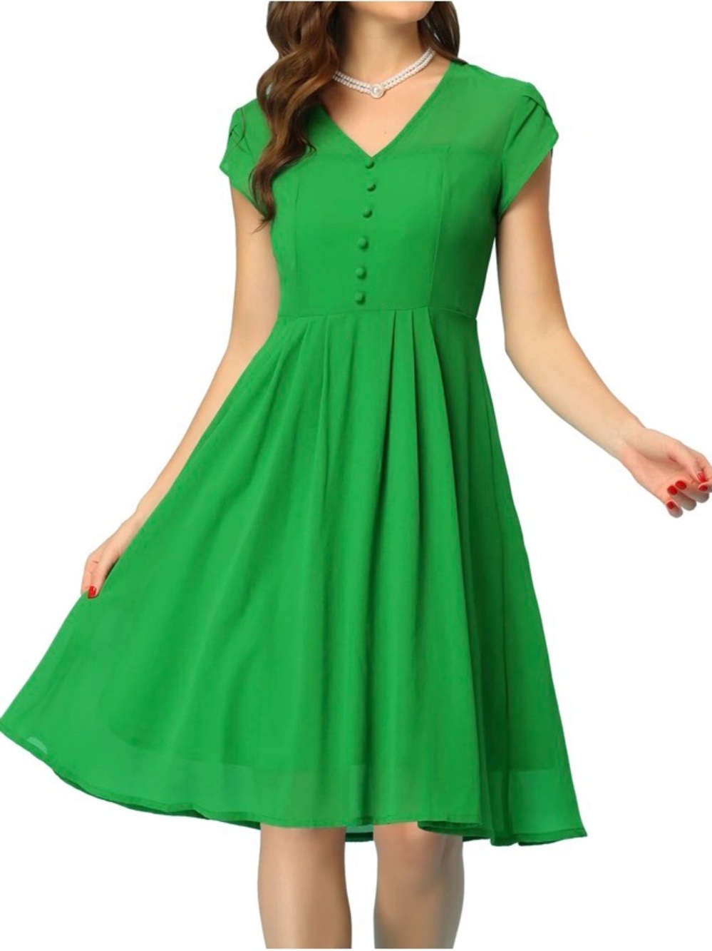 Allegra K Chiffon Vintage V Neck A-Line Elegant Cap Sleeve Dresses, Green, XL